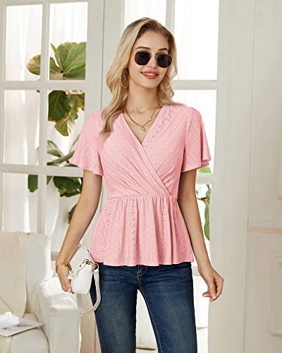 Pink Eyelet Wrap Peplum V-Neck Summer Office Shirt