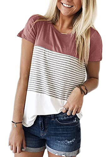 YunJey Color Block Stripe T-Shirt Blouse, Red, Medium