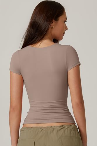 QINSEN Y2K T Shirt for Women Round Neck Short Sleeve Summer Tops Double Lined Tees,Rose Taupe Small