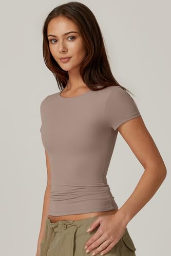 QINSEN Y2K T Shirt for Women Round Neck Short Sleeve Summer Tops Double Lined Tees,Rose Taupe Small