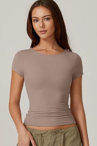 QINSEN Y2K T Shirt for Women Round Neck Short Sleeve Summer Tops Double Lined Tees,Rose Taupe Small