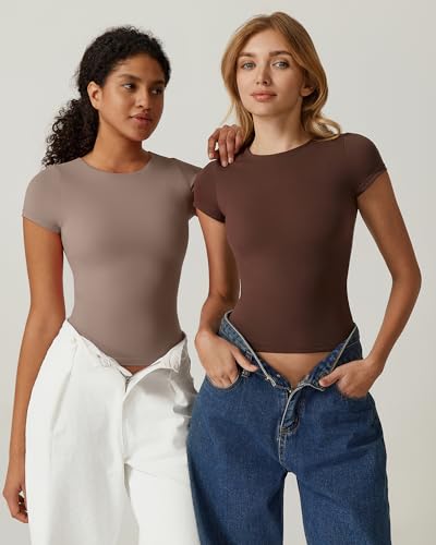 QINSEN Y2K T Shirt for Women Round Neck Short Sleeve Summer Tops Double Lined Tees,Rose Taupe Small