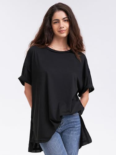 EXLURA Womens Oversized T Shirt Casual Short Sleeve Loose Maternity Tops Summer Crewneck Tunic Plus Size Gym Workout Top 2024 Black