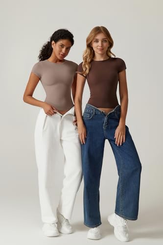 QINSEN Y2K T Shirt for Women Round Neck Short Sleeve Summer Tops Double Lined Tees,Rose Taupe Small