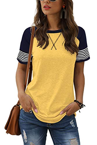Adibosy Women Summer Casual Shirts: Short Sleeve Striped Tunic Tops - Womens Color Block Tee Tshirt Blouses Yellow L