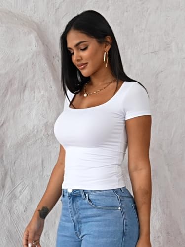 Dwnval Womens Summer Sexy Short Sleeve Square Neck Double Lined Basic Slim Fit Crop T Shirt(White, S)
