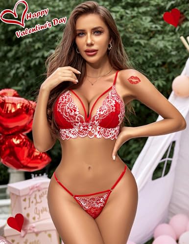 Avidlove Lingerie Sets for Women 2 Piece Lace Babydoll Lingerie Sexy V Neck Bra and Panty Sets (Large Red)