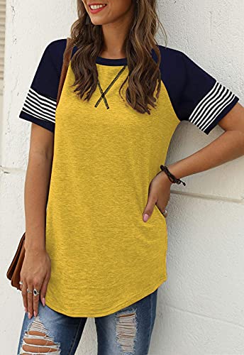 Adibosy Women Summer Casual Shirts: Short Sleeve Striped Tunic Tops - Womens Color Block Tee Tshirt Blouses Yellow L