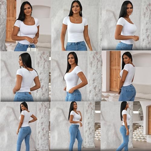 Dwnval Womens Summer Sexy Short Sleeve Square Neck Double Lined Basic Slim Fit Crop T Shirt(White, S)