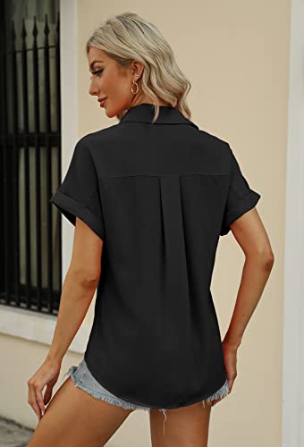 Beautife Womens Short Sleeve Shirts V Neck Collared Button Down Shirt Tops with Pockets Black
