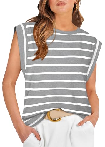 WIHOLL Tank Top for Women Stripe Shirts Casual Short Sleeve Tops Crew Neck Cute Basic Tee Shirt Flowy Grey and White M