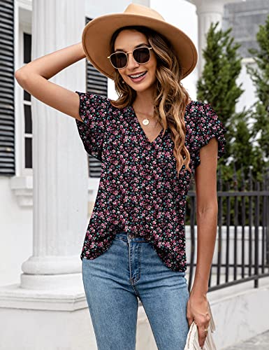 LOMON Womens Flutter Sleeve Tops Dressy Casual Flowy Cute Blouses Summer Ruffle Short Sleeve V Neck Loose Tunic Floral Printed Tank Trendy Pleated Knit T-Shirt Work Business (BP Floral,L)