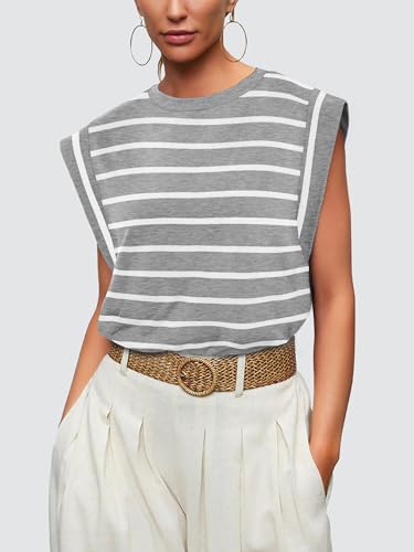 WIHOLL Tank Top for Women Stripe Shirts Casual Short Sleeve Tops Crew Neck Cute Basic Tee Shirt Flowy Grey and White M