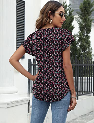 LOMON Womens Flutter Sleeve Tops Dressy Casual Flowy Cute Blouses Summer Ruffle Short Sleeve V Neck Loose Tunic Floral Printed Tank Trendy Pleated Knit T-Shirt Work Business (BP Floral,L)
