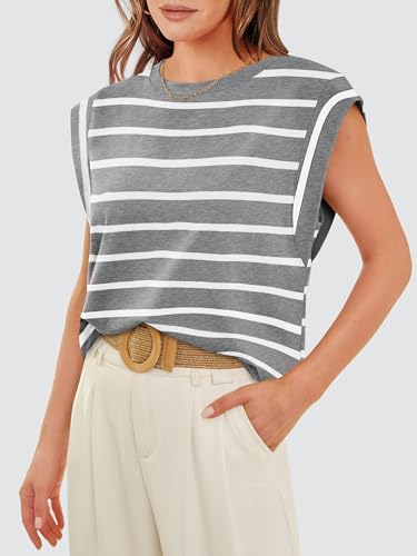 WIHOLL Tank Top for Women Stripe Shirts Casual Short Sleeve Tops Crew Neck Cute Basic Tee Shirt Flowy Grey and White M