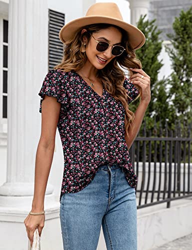 LOMON Womens Flutter Sleeve Tops Dressy Casual Flowy Cute Blouses Summer Ruffle Short Sleeve V Neck Loose Tunic Floral Printed Tank Trendy Pleated Knit T-Shirt Work Business (BP Floral,L)