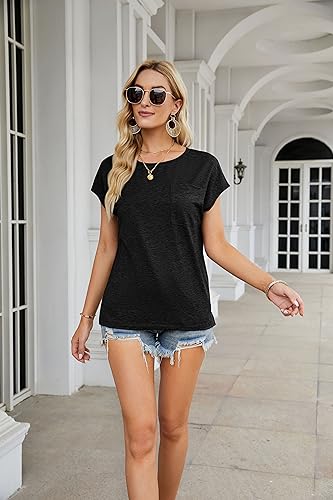 MEROKEETY Women's Casual Cap Sleeve T Shirts Basic Summer Tops Loose Solid Color Blouse, Black, Small