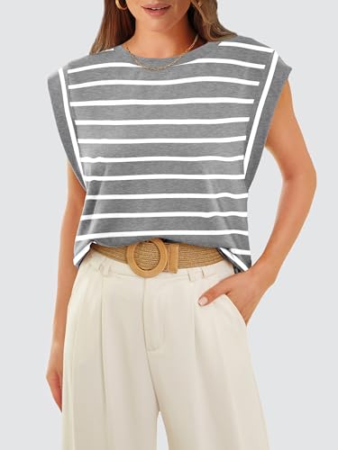 WIHOLL Tank Top for Women Stripe Shirts Casual Short Sleeve Tops Crew Neck Cute Basic Tee Shirt Flowy Grey and White M