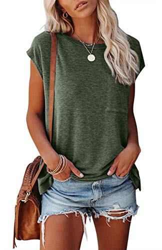 MIROL Women's Short Sleeve Tunic Tops 2023 Basic Loose T Shirts Solid Color Batwing Cap Sleeve Casual Tee Olive