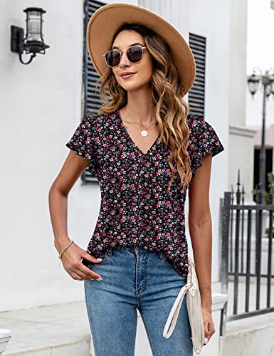 LOMON Womens Flutter Sleeve Tops Dressy Casual Flowy Cute Blouses Summer Ruffle Short Sleeve V Neck Loose Tunic Floral Printed Tank Trendy Pleated Knit T-Shirt Work Business (BP Floral,L)