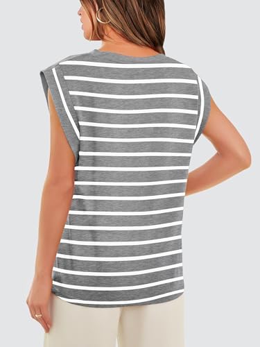 WIHOLL Tank Top for Women Stripe Shirts Casual Short Sleeve Tops Crew Neck Cute Basic Tee Shirt Flowy Grey and White M