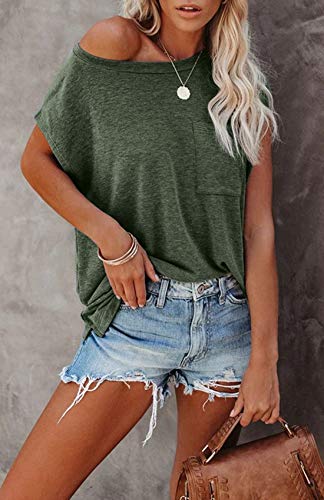 MIROL Women's Short Sleeve Tunic Tops 2023 Basic Loose T Shirts Solid Color Batwing Cap Sleeve Casual Tee Olive