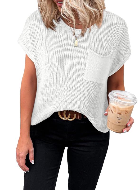 Dokotoo Womens Ladies Cap Sleeve Tunic Tops and Blouses for Women Sweaters Oversized Casual Summer Loose Fitting Short Sleeve Sweater Trendy Shirts Solid T-Shirts White X-Large