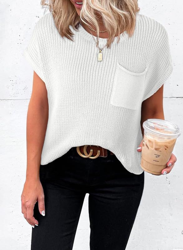 Dokotoo Womens Ladies Cap Sleeve Tunic Tops and Blouses for Women Sweaters Oversized Casual Summer Loose Fitting Short Sleeve Sweater Trendy Shirts Solid T-Shirts White X-Large