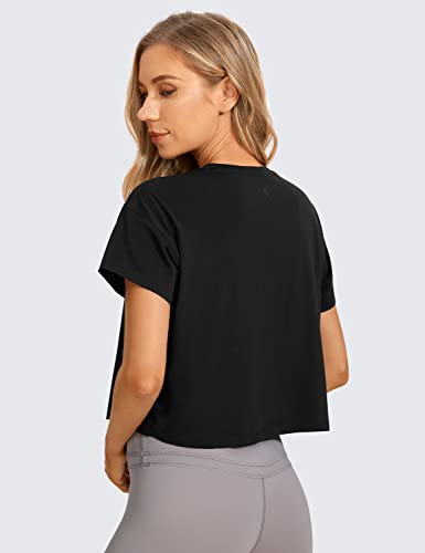 CRZ YOGA Women's Pima Cotton Workout Short Sleeve Shirts Loose Crop Tops Athletic Gym Shirt Casual Cropped T-Shirt Black Medium