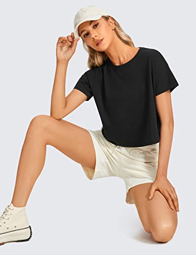 CRZ YOGA Women's Pima Cotton Workout Short Sleeve Shirts Loose Crop Tops Athletic Gym Shirt Casual Cropped T-Shirt Black Medium