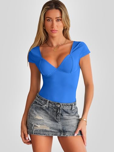 Trendy Queen Womens Shirts Going Out Tops Backless V Neck Short Sleeve T-Shirts Summer Tops 2024 Basic Cute Crop Tops Bustier Corset Cami Y2K Clothes Blue
