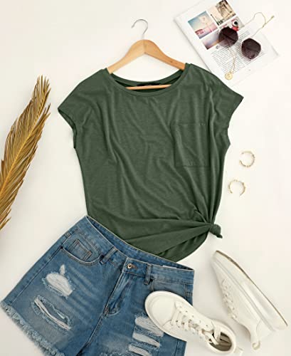 MIROL Women's Short Sleeve Tunic Tops 2023 Basic Loose T Shirts Solid Color Batwing Cap Sleeve Casual Tee Olive