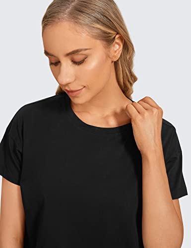 CRZ YOGA Women's Pima Cotton Workout Short Sleeve Shirts Loose Crop Tops Athletic Gym Shirt Casual Cropped T-Shirt Black Medium