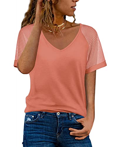 T Shirts for Women Dressy Casual V Neck Tops Short Sleeve Mesh Patchwork Sleeve XL Coral