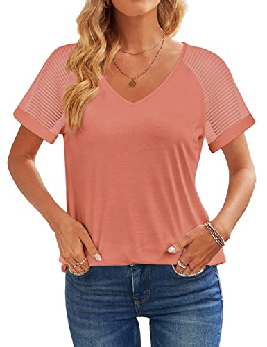 T Shirts for Women Dressy Casual V Neck Tops Short Sleeve Mesh Patchwork Sleeve XL Coral