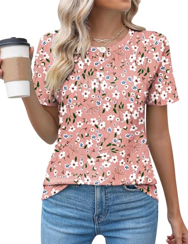 Kistore Blouses for Women Dressy Casual Floral Crew Neck Short Sleeve Pleated Tunic Tops to Wear with Leggings L