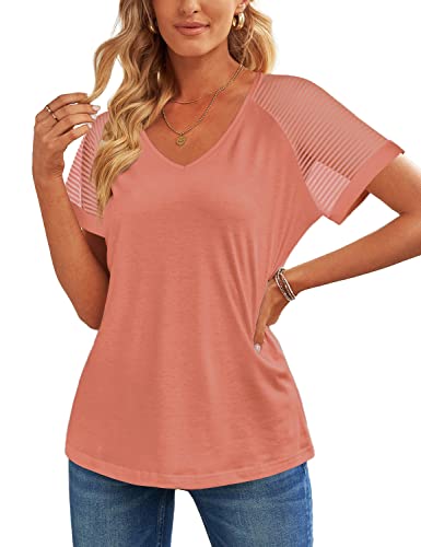 T Shirts for Women Dressy Casual V Neck Tops Short Sleeve Mesh Patchwork Sleeve XL Coral