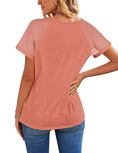T Shirts for Women Dressy Casual V Neck Tops Short Sleeve Mesh Patchwork Sleeve XL Coral