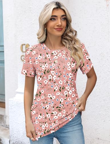 Kistore Blouses for Women Dressy Casual Floral Crew Neck Short Sleeve Pleated Tunic Tops to Wear with Leggings L