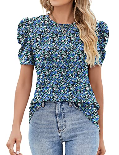 Ivicoer Blouses for Women Dressy Casual Puff Short Sleeve Shirt Summer Crewneck Basic Tee Loose Fit Floral Shirts S