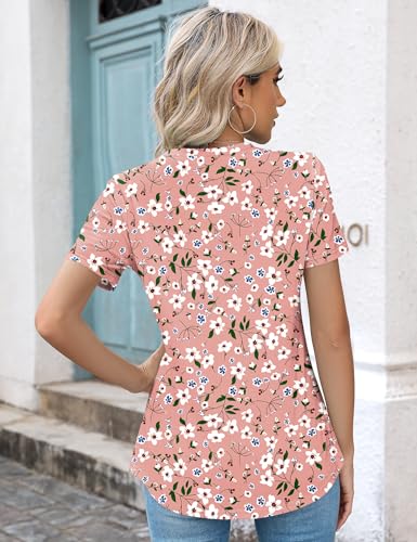 Kistore Blouses for Women Dressy Casual Floral Crew Neck Short Sleeve Pleated Tunic Tops to Wear with Leggings L