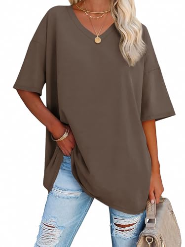 ATHMILE Womens Short Sleeve T Shirts V Neck Tees Cozy Comfy Tunic 2024 Y2K Tops Casual Light Brown