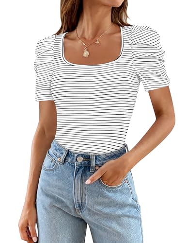 MEROKEETY Women's Summer Short Sleeve Tops Striped Square Neck Fitted Casual Tee Shirts Blouse, White, L