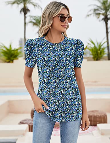 Ivicoer Blouses for Women Dressy Casual Puff Short Sleeve Shirt Summer Crewneck Basic Tee Loose Fit Floral Shirts S