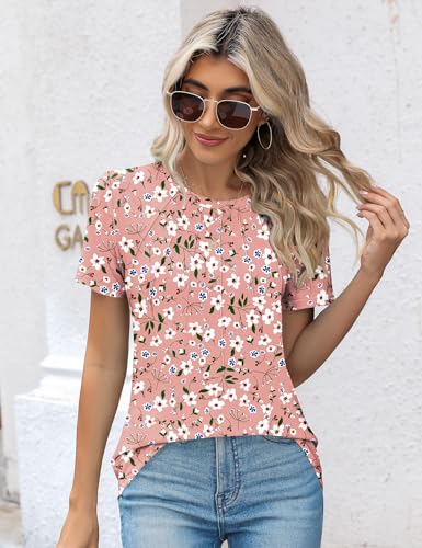 Kistore Blouses for Women Dressy Casual Floral Crew Neck Short Sleeve Pleated Tunic Tops to Wear with Leggings L