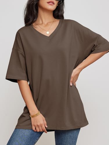 ATHMILE Womens Short Sleeve T Shirts V Neck Tees Cozy Comfy Tunic 2024 Y2K Tops Casual Light Brown