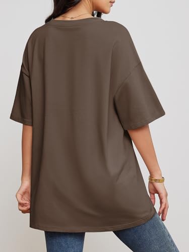 ATHMILE Womens Short Sleeve T Shirts V Neck Tees Cozy Comfy Tunic 2024 Y2K Tops Casual Light Brown