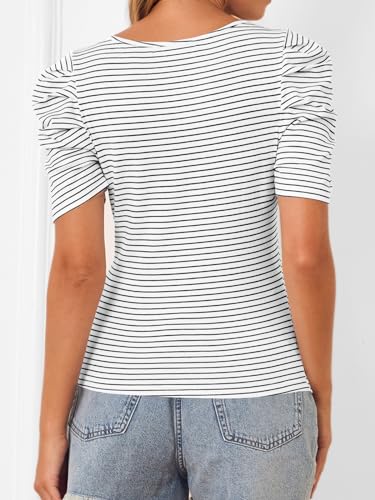 MEROKEETY Women's Summer Short Sleeve Tops Striped Square Neck Fitted Casual Tee Shirts Blouse, White, L