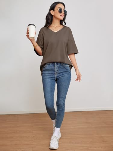 ATHMILE Womens Short Sleeve T Shirts V Neck Tees Cozy Comfy Tunic 2024 Y2K Tops Casual Light Brown
