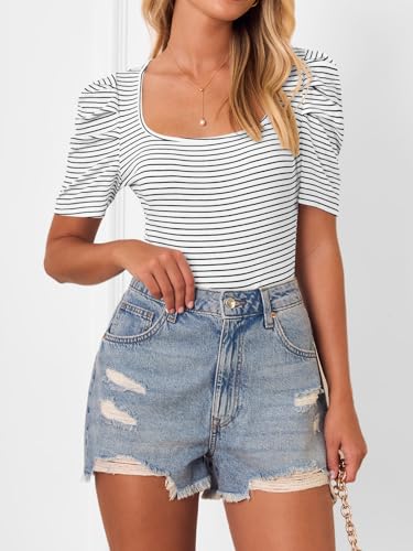 MEROKEETY Women's Summer Short Sleeve Tops Striped Square Neck Fitted Casual Tee Shirts Blouse, White, L
